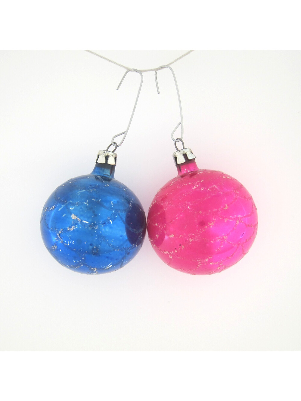 Vintage Mercury Glass Christmas Ornaments 2 Balls Blue Pink Mica Glitter Scales